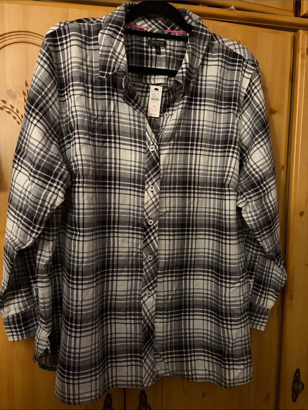 Talbots Black and White Plaid Button-Up Blouse